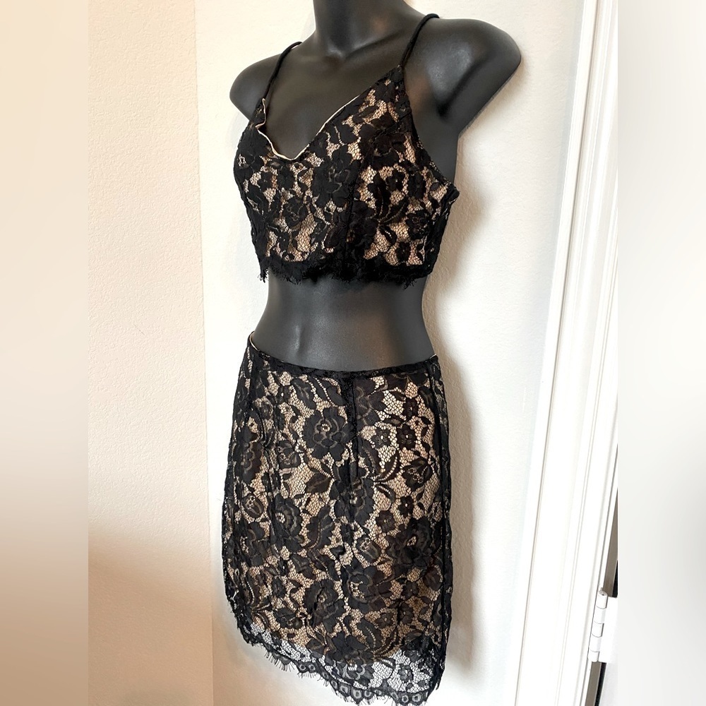 Shein 2 pc crop top & skirt set, black lace overlay, women’s Small, 4, bra top
